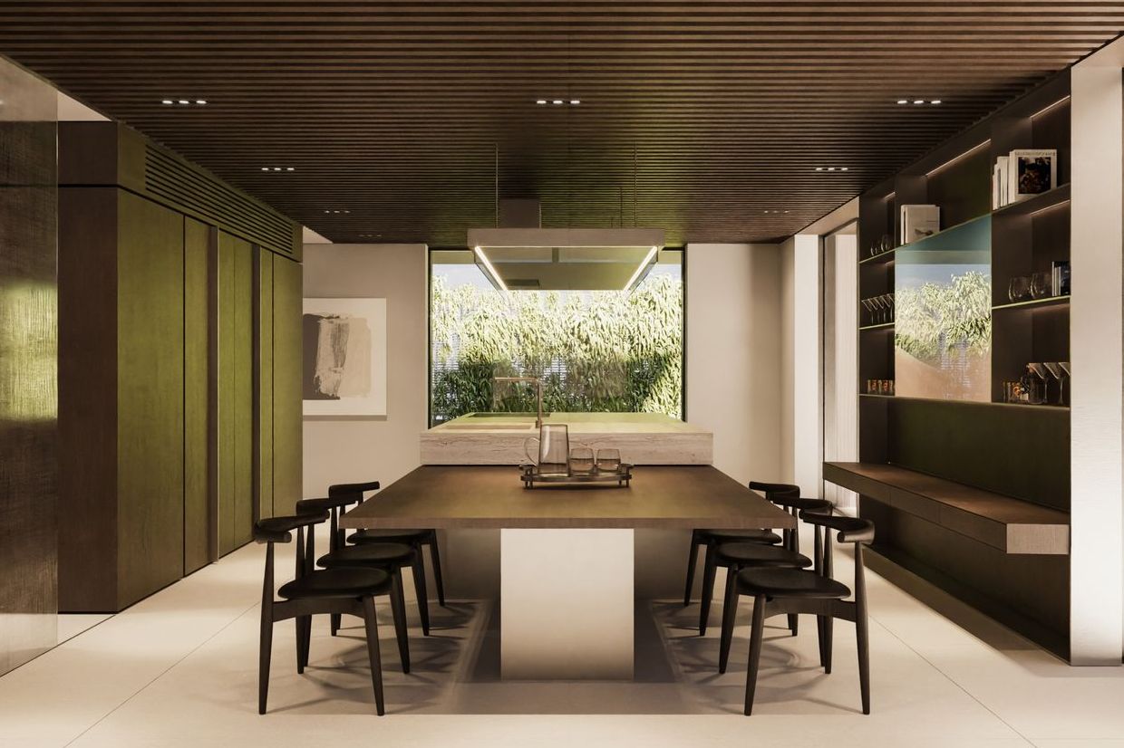 Zona pranzo con pareti in legno scuro e soffitto a doghe